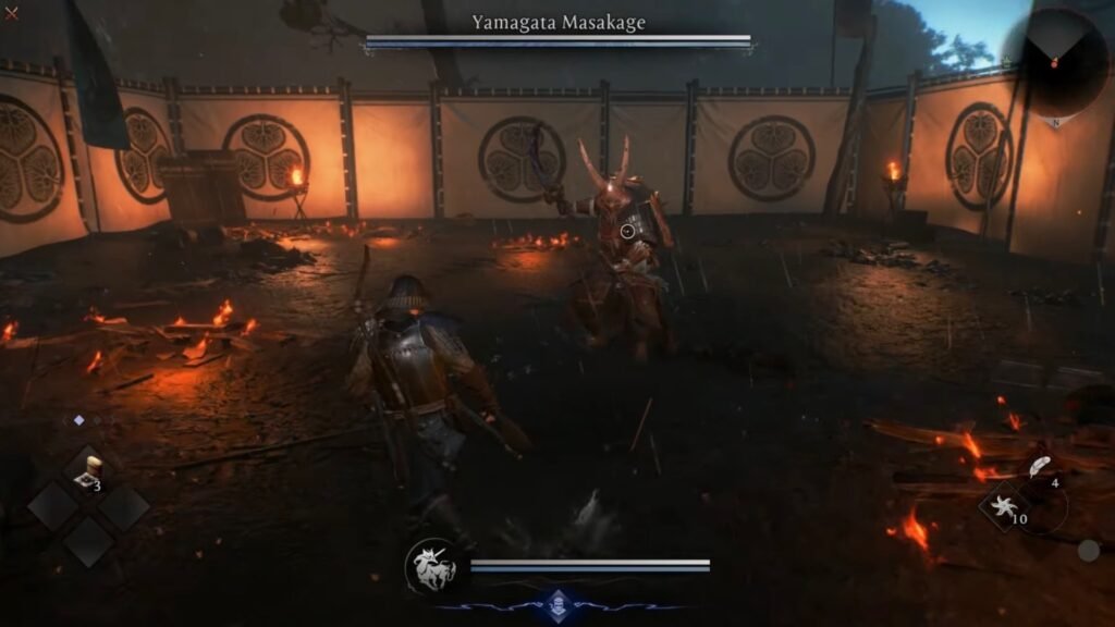 Dodging Yamagata's attacks in Nioh 3.