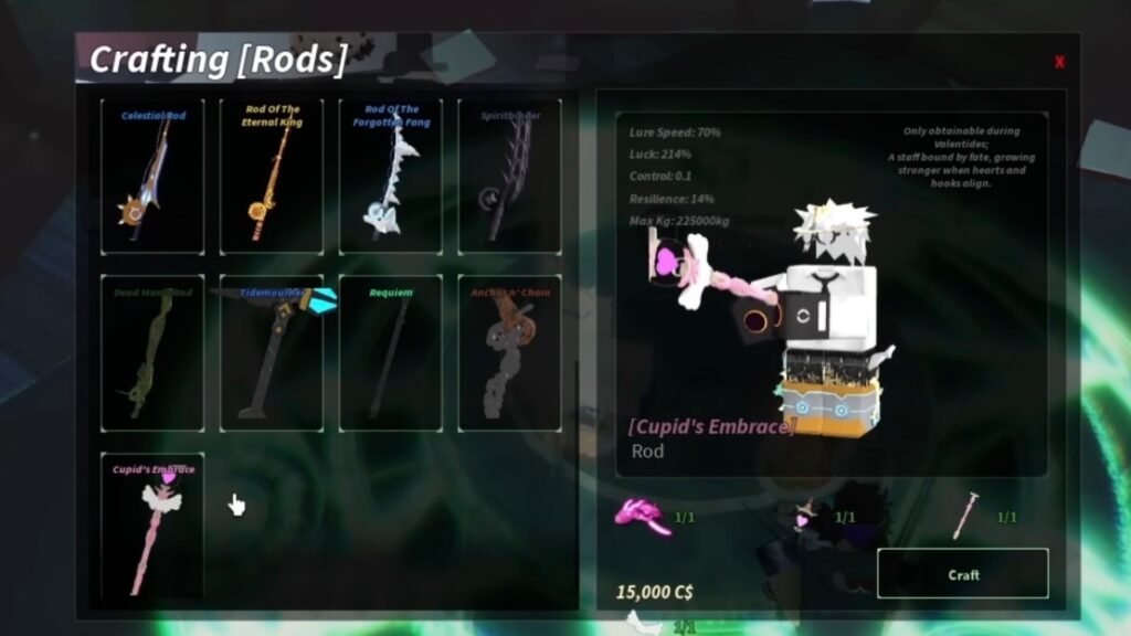 Crafting Cupid's Embrace Rod in Fisch.