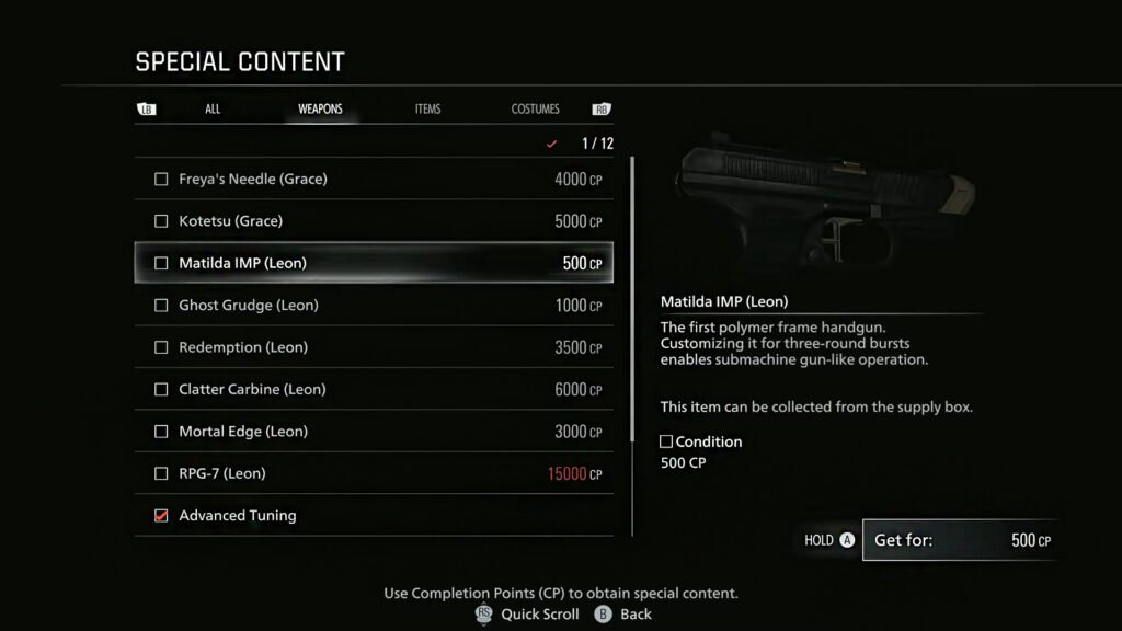 Resident Evil 9 Special Content Unlock Screen Weapon Catogary