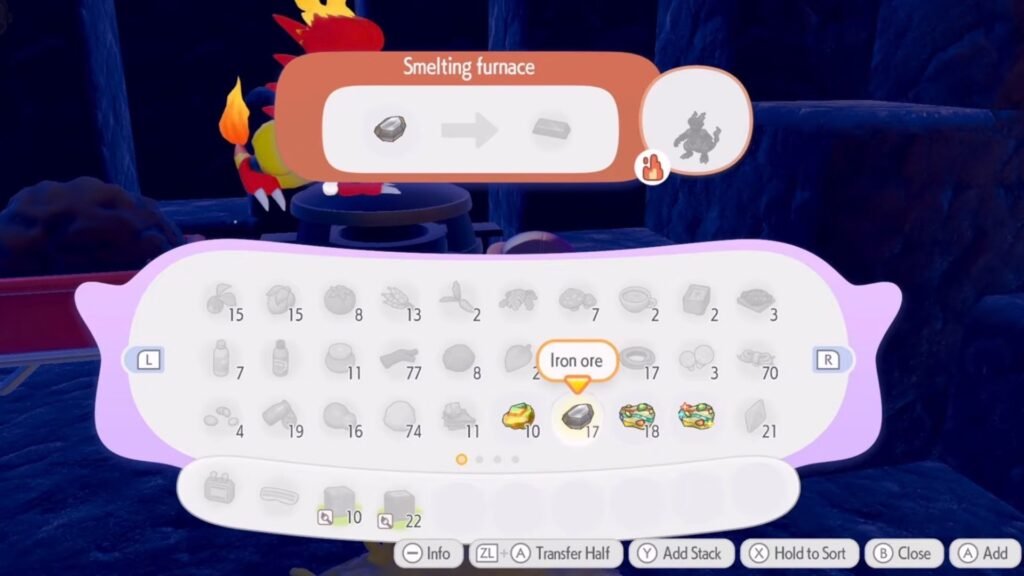 Smelting Iron Ore into Iron Ingots in Pokémon Pokopia.