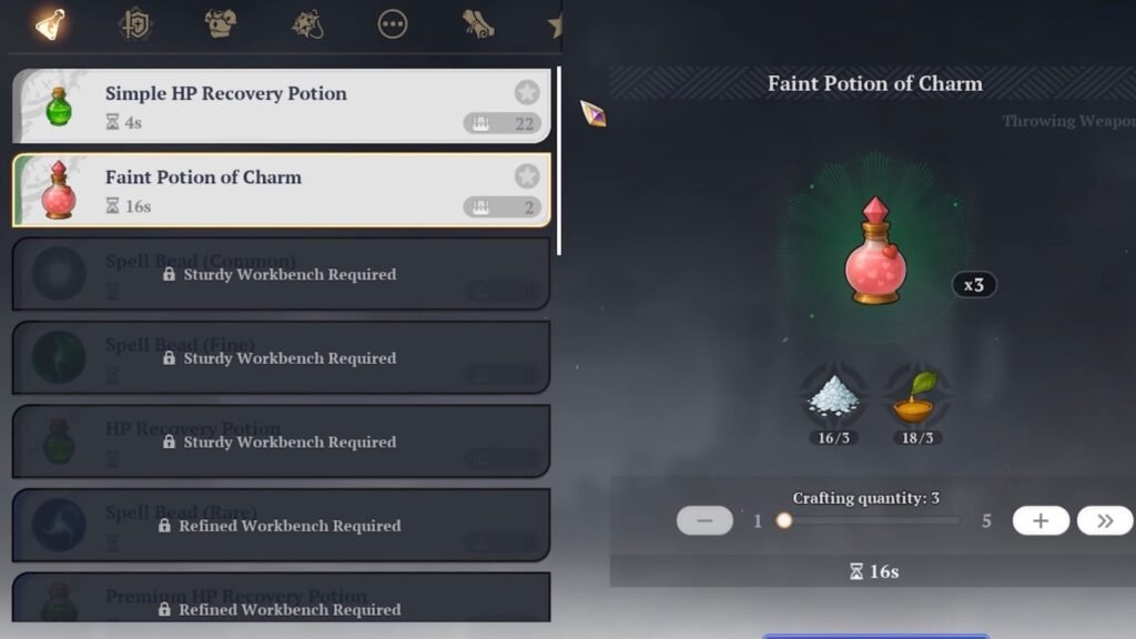 Crafting a Faint Potion of Charm.