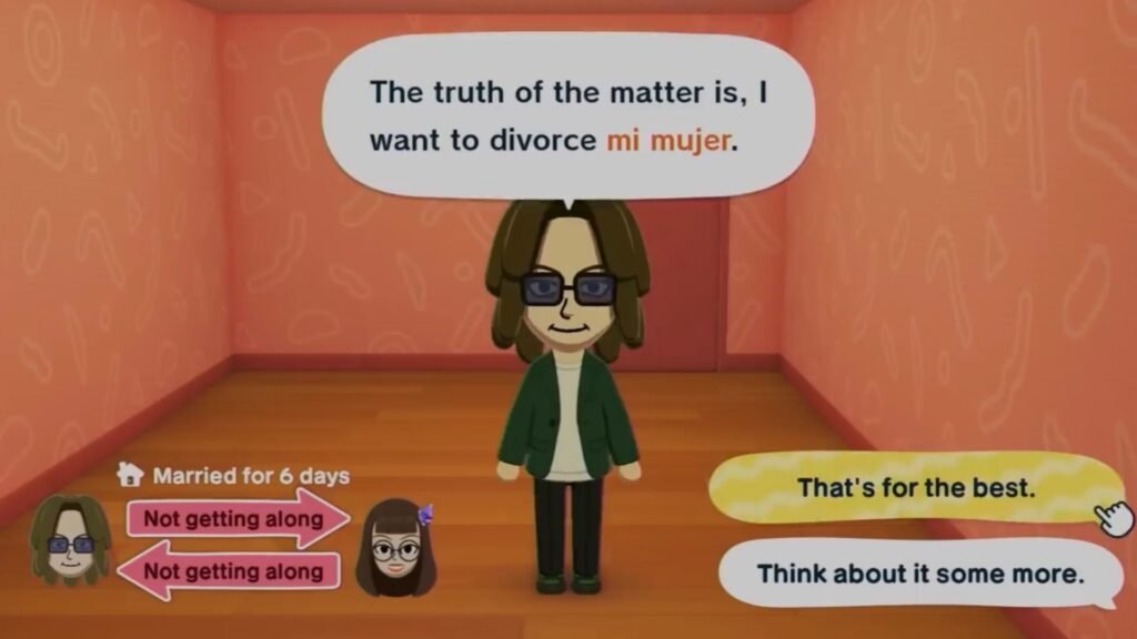 Divorce options in Tomodachi Life: Living the Dream.