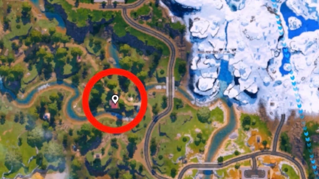 Chaos Cube location 1 in or around Elite's Outpost or Treechopped Timberland in Fortnite.