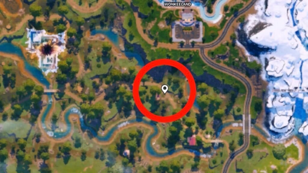 Chaos Cube location 4 in or around Elite's Outpost or Treechopped Timberland in Fortnite.