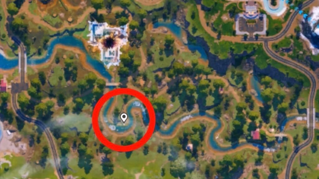 Chaos Cube location 5 in or around Elite's Outpost or Treechopped Timberland in Fortnite.