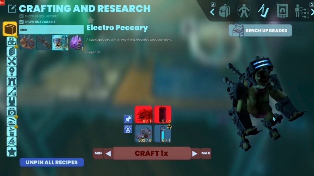 Upgrading the Peccary to an Electro Peccary at the Crafting and Research Bench.